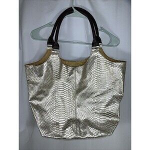 Neiman Marcus Gold Metallic Faux Snake Skin Tote Bag Carry All Purse Bag